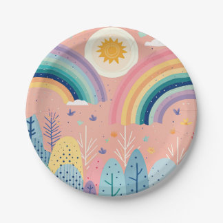 Cute Pastel Boho Rainbow & Sun Above Forest Paper Plate