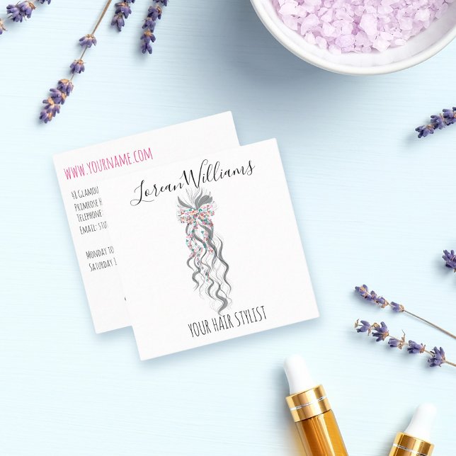 Cute Pastel Bride Wavy Hairstyle Hair Salon Floral Square Business Card (Creator Uploaded)