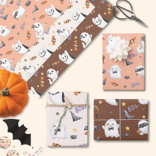 Cute Pastel Brown Boo Ghost Halloween  Wrapping Paper Sheet
