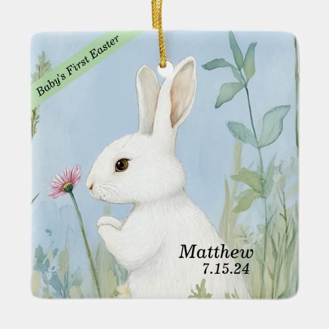 Cute Pastel Bunny Easter Ceramic Ornament (Front)
