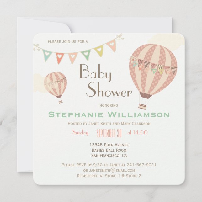 Cute Pastel Bunting & Hot Air Balloons Baby Shower Invitation (Front)