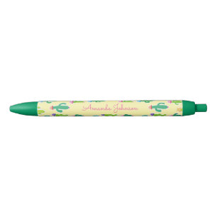 Cute Pastel Cactus Monogram Script Name Black Ink Pen