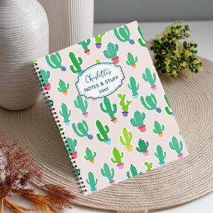 Cute Pastel Cactus Monogram Script Name Notebook