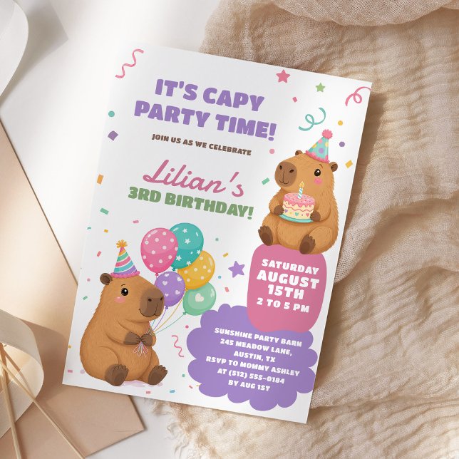Cute Pastel Capybara Birthday Party Invitation (Creator Uploaded)