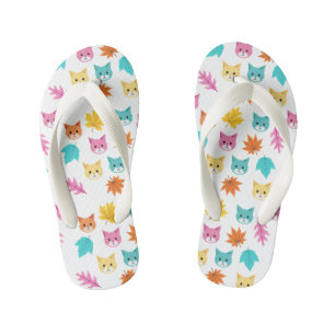 Cute Pastel Cartoon Cats and Leaves Pattern Kid's Flip Flops