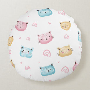 Cute Pastel Cat Faces Pattern Round Cushion