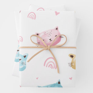 Cute Pastel Cat Faces Pattern Wrapping Paper Sheet