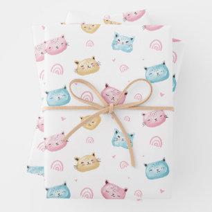 Cute Pastel Cat Faces Pattern Wrapping Paper Sheet