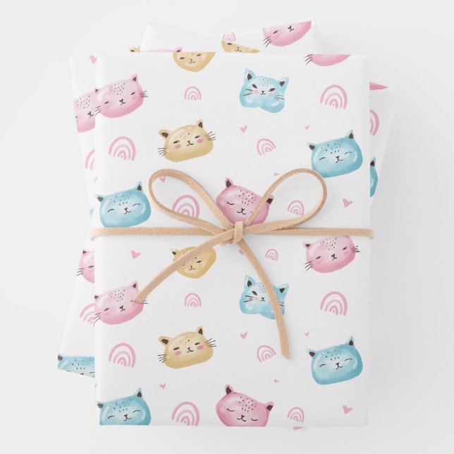 Cute Pastel Cat Faces Pattern Wrapping Paper Sheet (In situ)