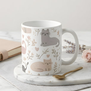 Cute Pastel Cat & Floral Pattern Coffee & Tea Cup