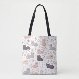 Cute Pastel Cat & Floral Pattern Tote Bag