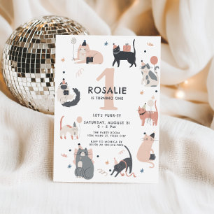 Cute Pastel Cat Girls First Birthday Invitation