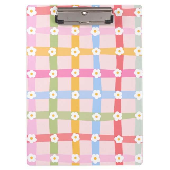 Cute Pastel Checkered Pattern with Daisy Flowers Clipboard (Front)