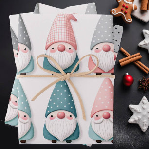 Cute Pastel Christmas Gnomes, Pink Blue Grey Wrapping Paper Sheet