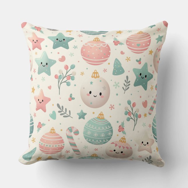 Cute Pastel Christmas Pattern Ornaments and Stars Cushion (Front)