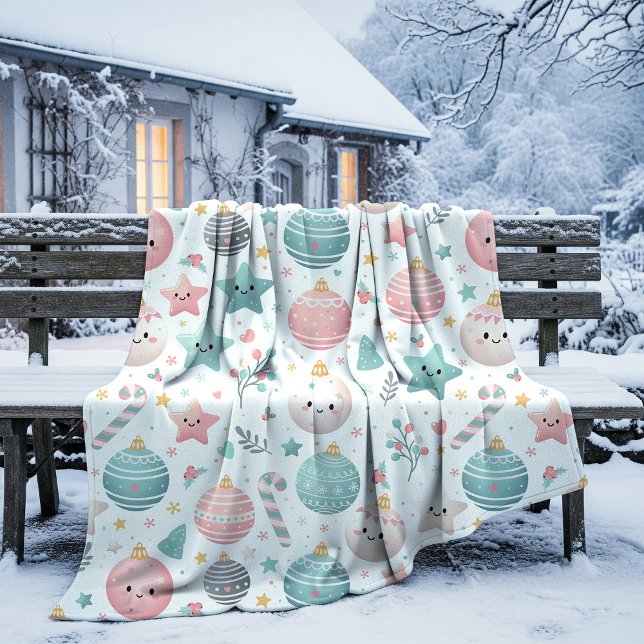 Cute Pastel Christmas Pattern Ornaments and Stars Fleece Blanket (Creator Uploaded)