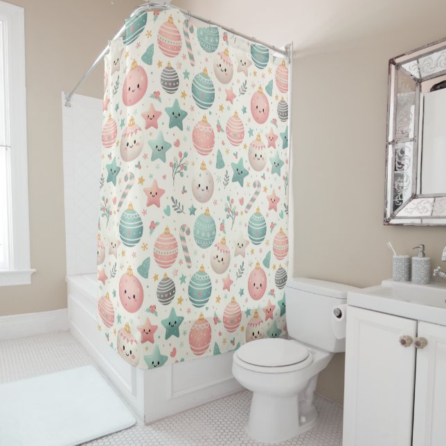 Cute Pastel Christmas Pattern Ornaments and Stars Shower Curtain (In Situ)
