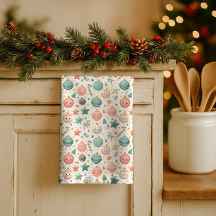 Cute Pastel Christmas Pattern Ornaments and Stars Tea Towel