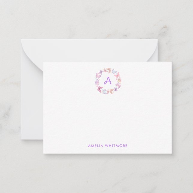 Cute Pastel Colour Butterflies Monogram Card (Front)