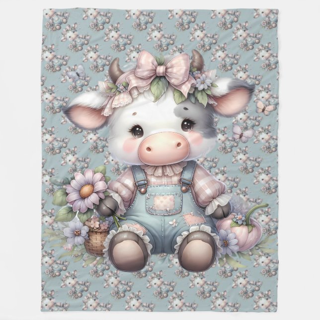 Cute Pastel Cow in Overalls with Flowers Fleece Blanket (Front)