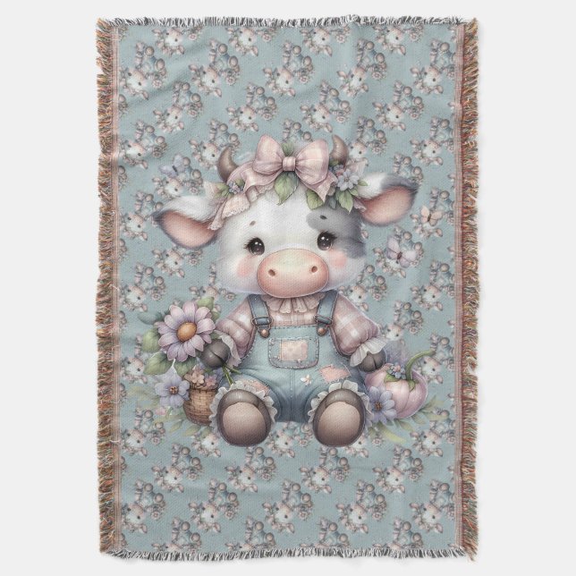 Cute Pastel Cow in Overalls with Flowers Throw Blanket (Front Vertical)