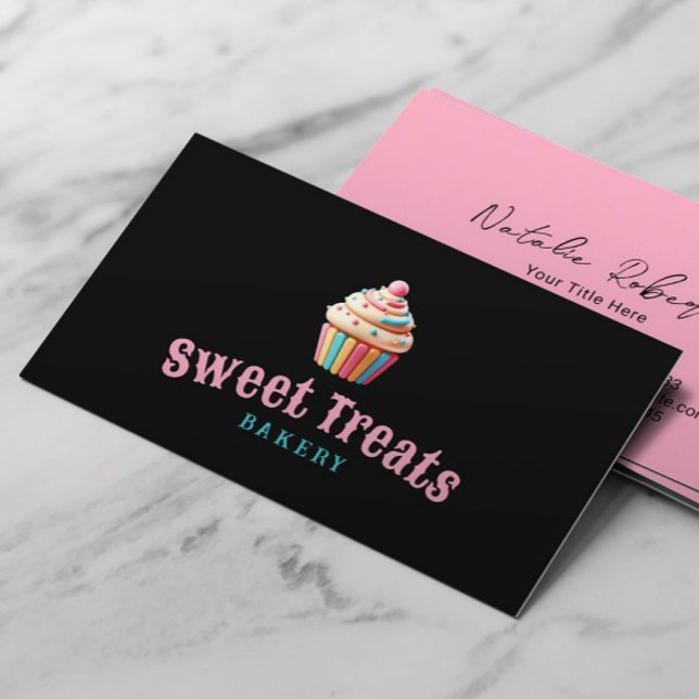 Cute Pastel Cupcake Bakery & Pastry Chef Black Business Card (Creator Uploaded)
