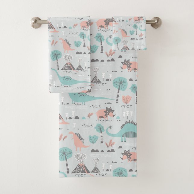Cute Pastel Dinosaur Pattern Bath Towel Set (Insitu)
