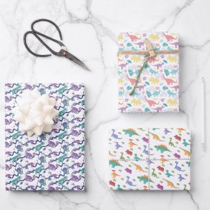 Cute Pastel Dinosaurs & Rainbow Wrapping Paper Set