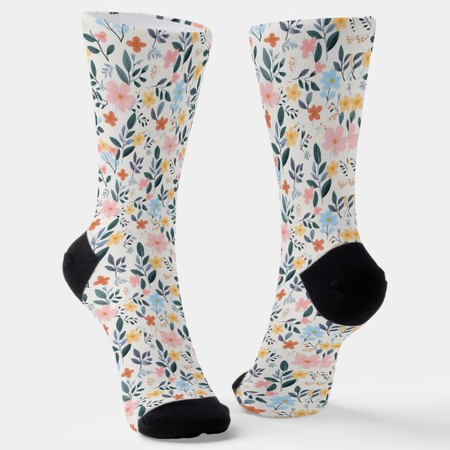 Cute Pastel Ditsy Boho Wildflower Meadow Socks (Angled)