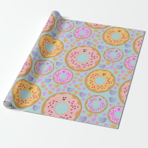 Cute Pastel Donuts & Hearts Wrapping Paper