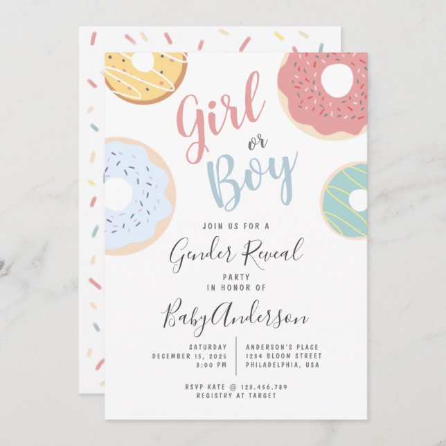 Cute Pastel Doughnuts Girl or Boy Gender Reveal Invitation (Front/Back)