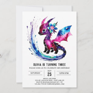 Cute Pastel Dragon Digital Girl Birthday Invitation