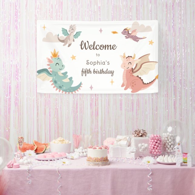 Cute Pastel Dragons Kids Birthday Party Banner (Party)