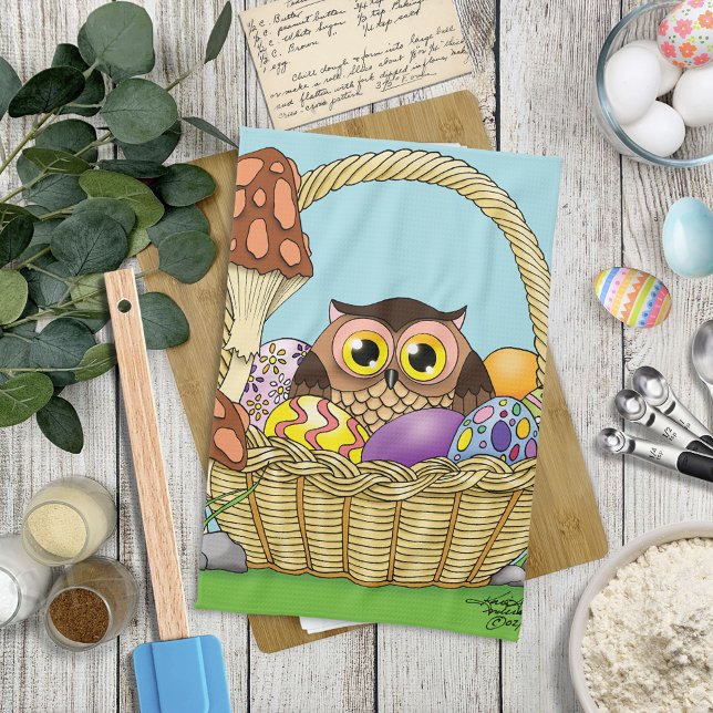 Cute Pastel Easter Basket Owl Eggs Mushrooms Tea Towel (Creator Uploaded)