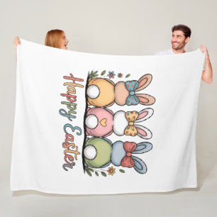 Cute Pastel Easter Bunnies Whimsical Floral Happ Fleece Blanket