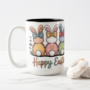 Cute Pastel Easter Bunnies Whimsical Floral Happ Two-Tone Coffee Mug