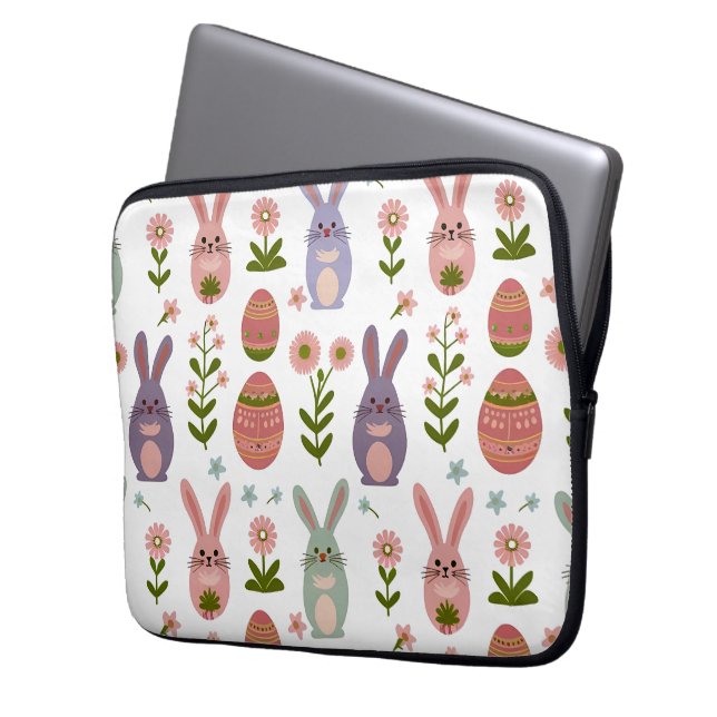 Cute Pastel Easter Bunny and Egg Seamless Pattern Laptop Sleeve (Front Left)
