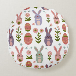 Cute Pastel Easter Bunny and Egg Seamless Pattern Round Cushion