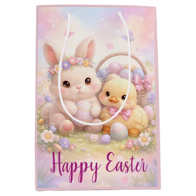 Cute Pastel Easter Bunny & Duck Medium Gift Bag (Front)