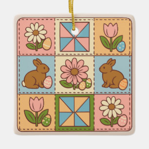 Cute Pastel Easter Bunny Flower Patchwork  Ceramic Ornament