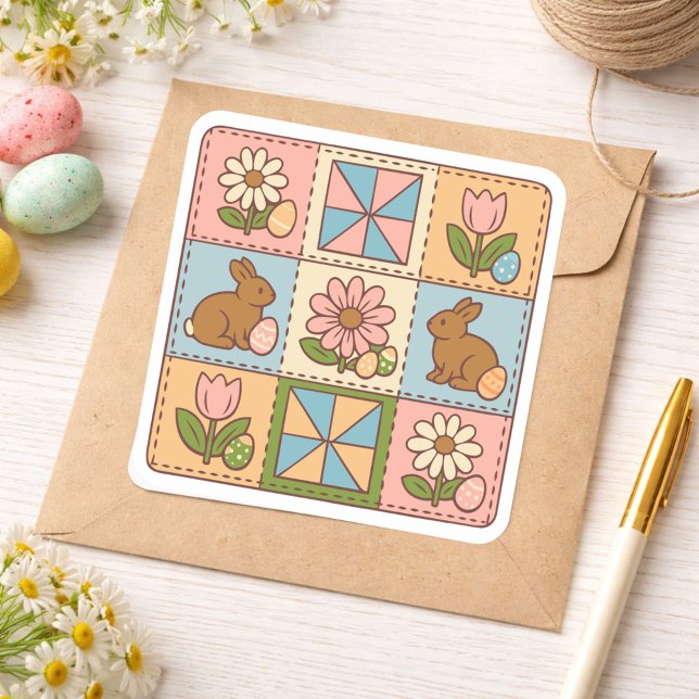 Cute Pastel Easter Bunny Flower Patchwork  Square Sticker (Creator Uploaded)
