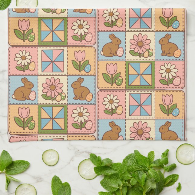 Cute Pastel Easter Bunny Flower Patchwork  Tea Towel (Folded)