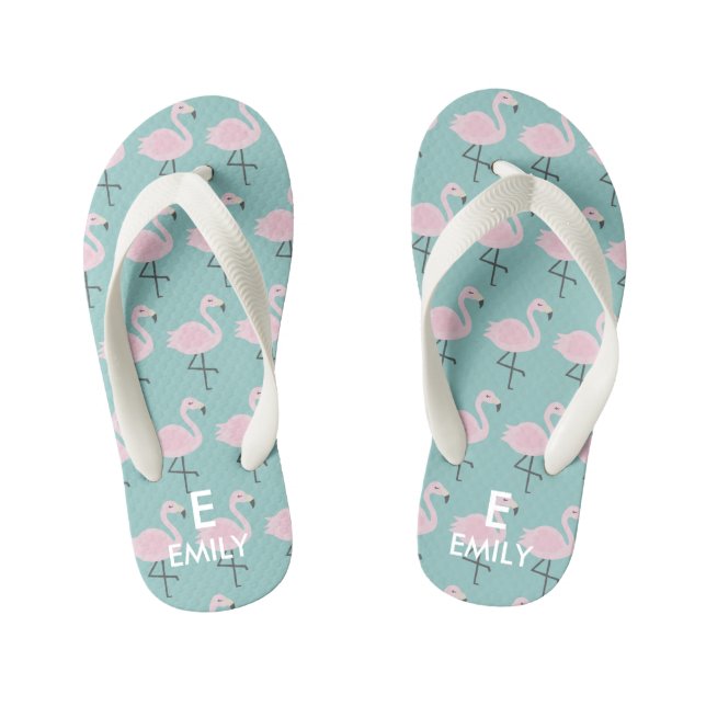 Cute Pastel Flamingo Initial Name Kids Flip Flops (Footbed)