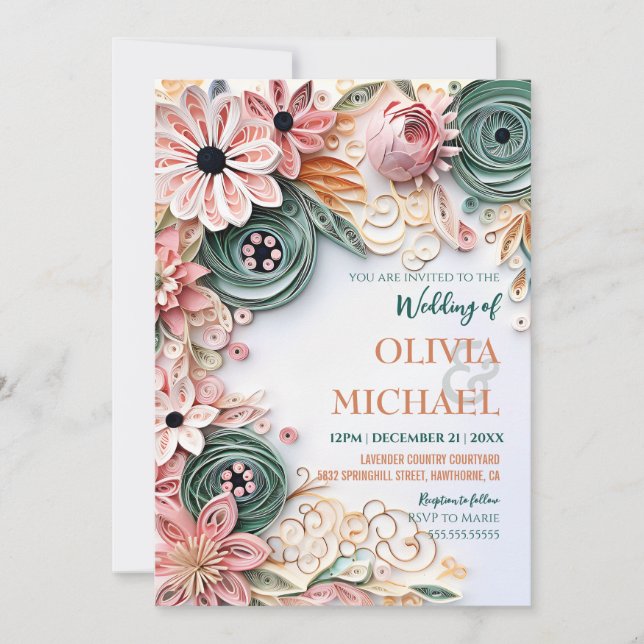 Cute Pastel Floral Wedding Frame Paper Quilling Invitation (Front)