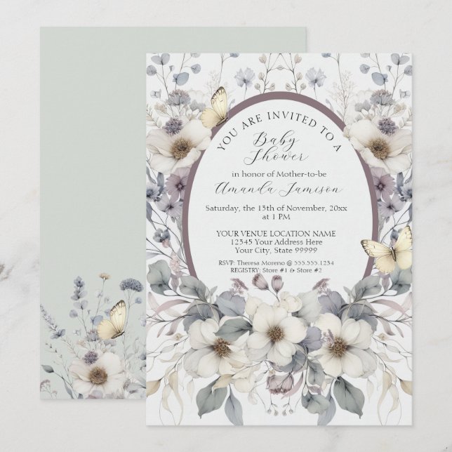 Cute Pastel Flower Butterfly Lavender Yellow Baby Invitation (Front/Back)