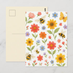 Cute Pastel Flowers Bumblebee Garden Post Card