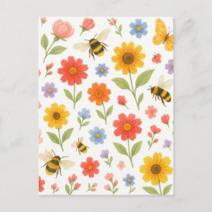 Cute Pastel Flowers Bumblebee Garden Post Card