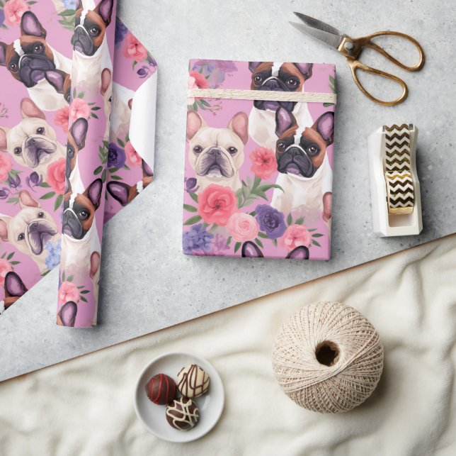 Cute Pastel French Bulldog Floral Wrapping Paper (Crafts)