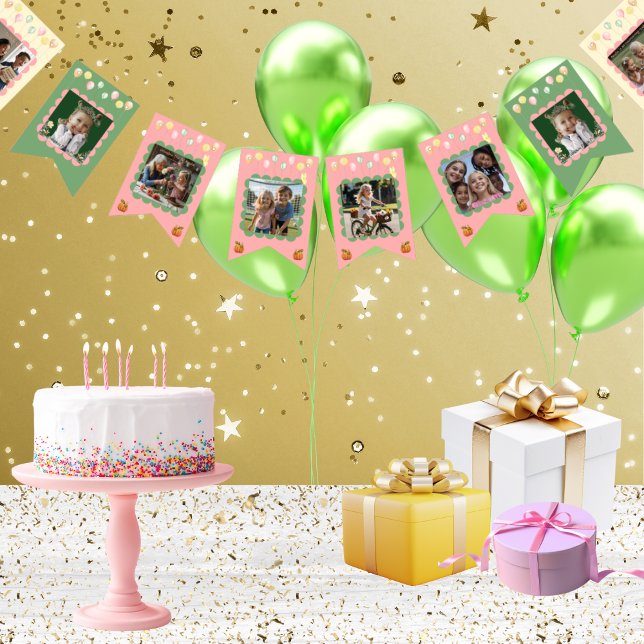 Cute Pastel Girl Family Milestone Moments Birthday Bunting (Your personalized text and favorite uploaded photos on a 16 flag bunting string in pastel colors)