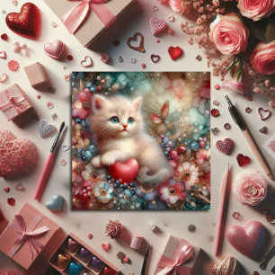 Cute Pastel Glitter Flowers And Kitten Valentine Holiday Card